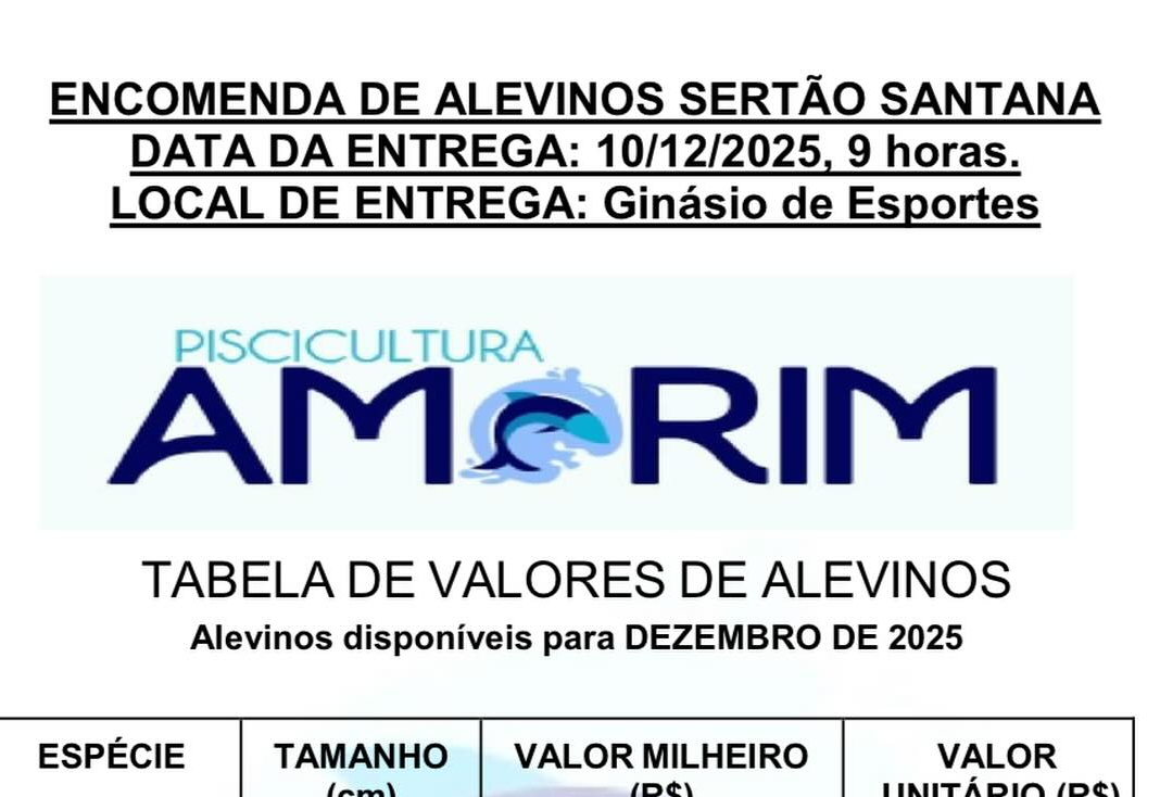 Encomenda de Alevinos em Sertão Santana